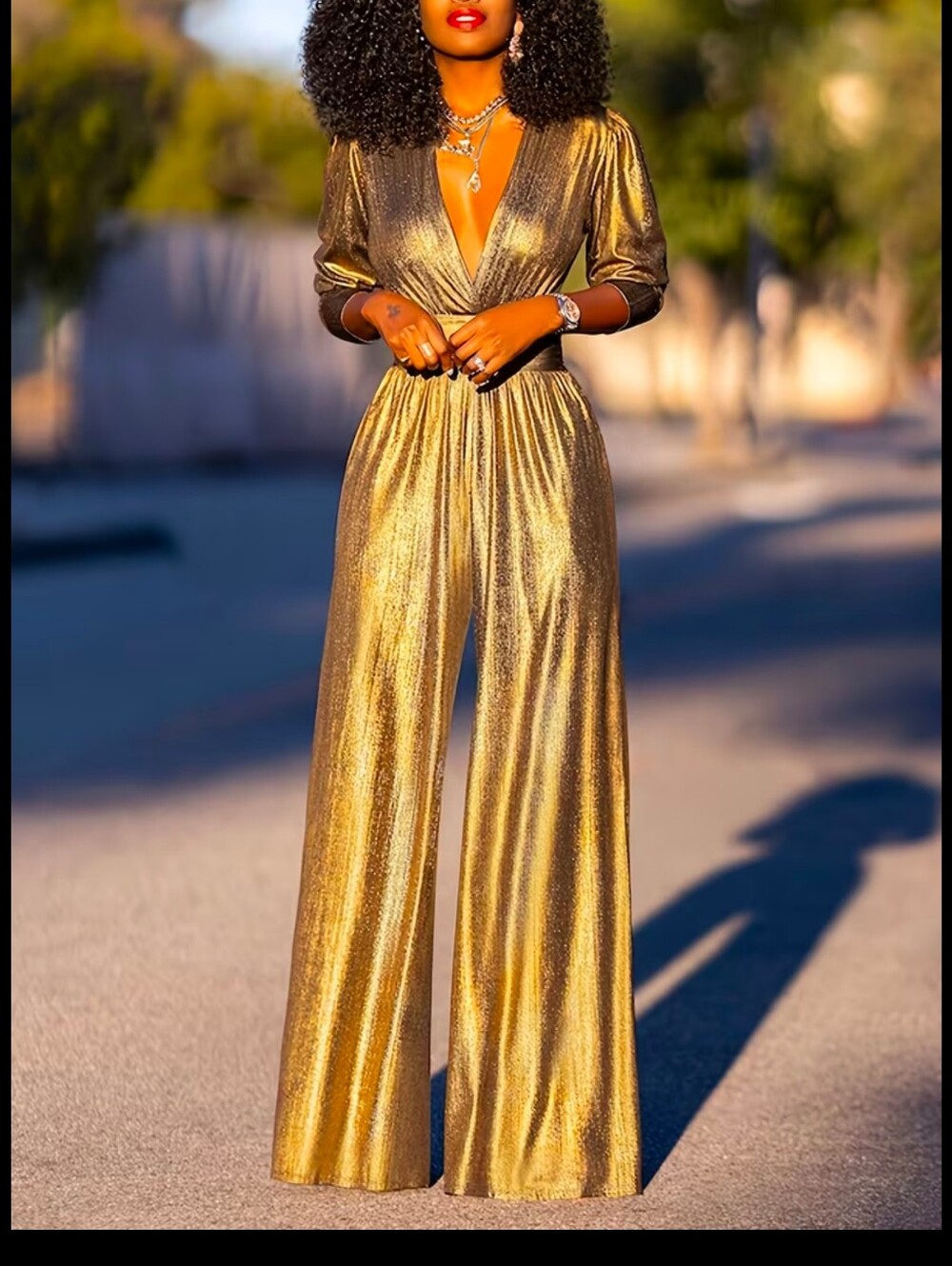 Women's Shiny Deep High Waist Wide- Jumpsuit - Elegant Three-Quarter Sleeve Body - Picture 5 of 8
